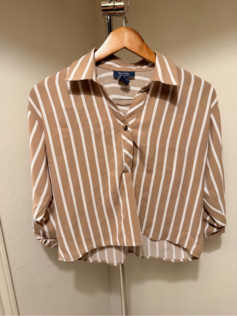New York & Company Beige and White Striped Button-Down Blouse